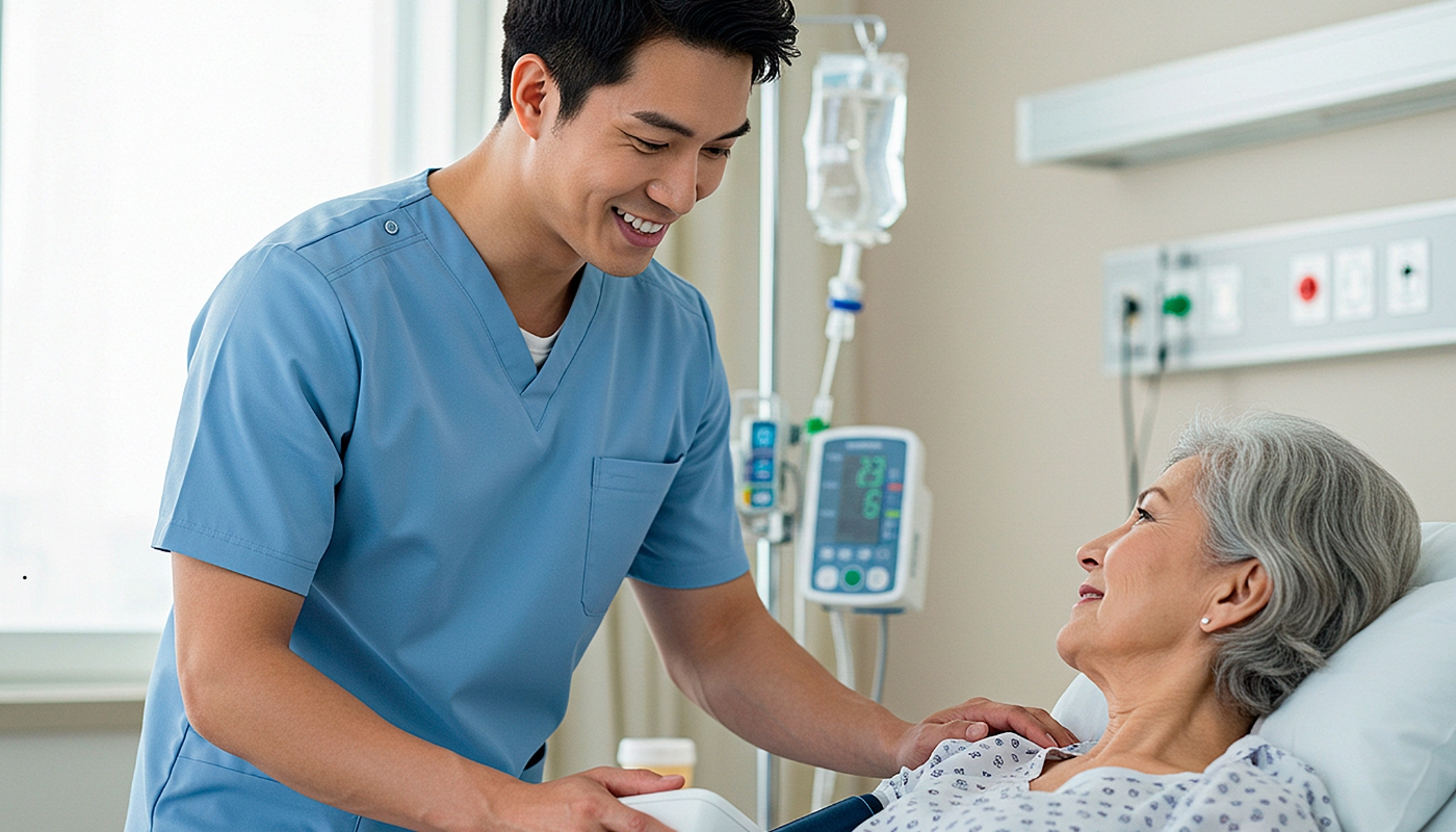 فريق طبي في دار مسنين يقدم رعاية طارئة لأحد كبار السن داخل غرفة مجهزة بأحدث الأجهزة الطبية في حدائق حلوان – كورنيش النيل