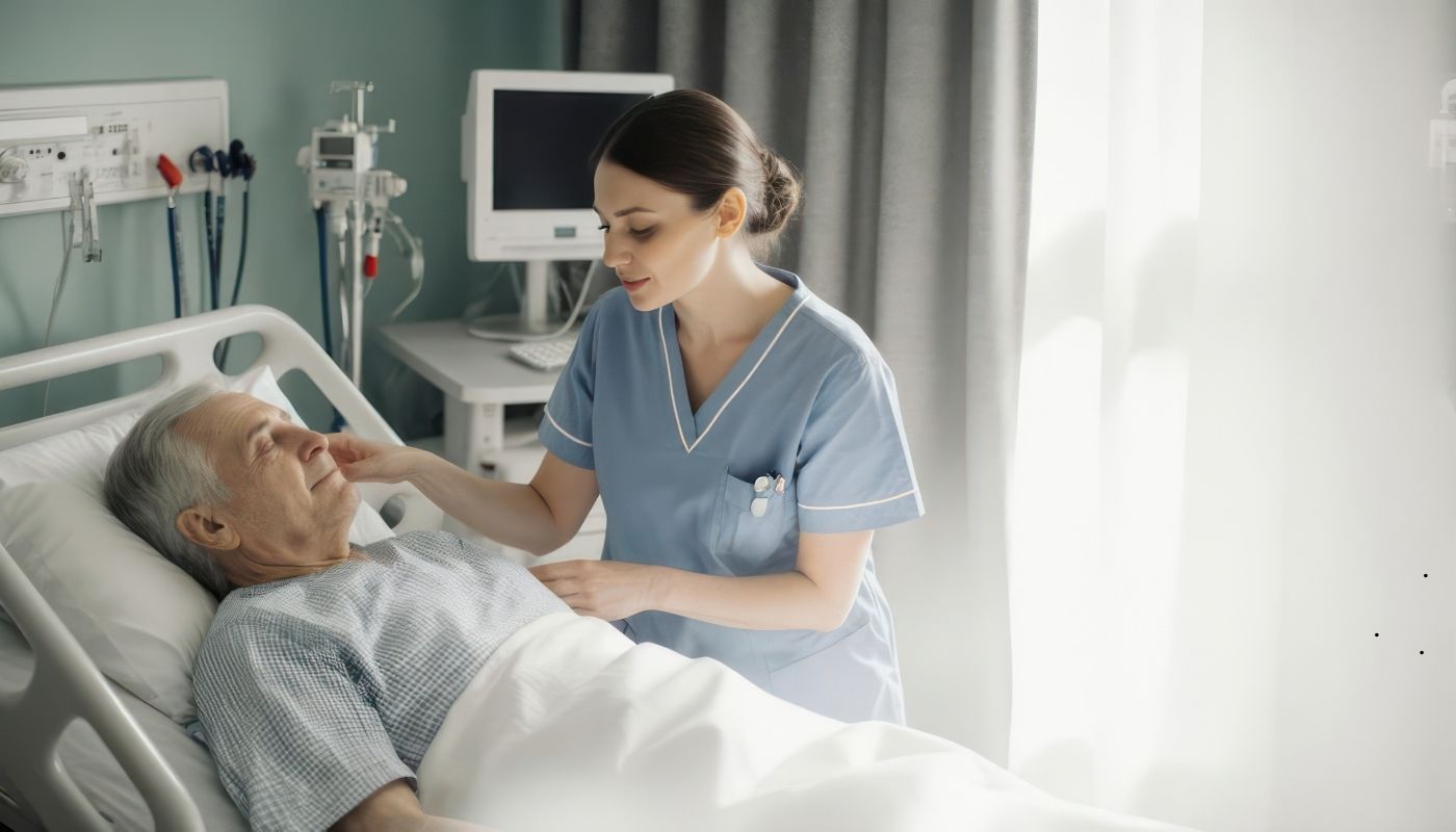 متابعة صحية دقيقة لحالات كبار السن المزمنة ممرضة تساعد مسنًا يعاني من مرض مزمن (سكري أو ضعف حركة) في المشي، مع توفير الدعم الحركي والوقائي اليومي.