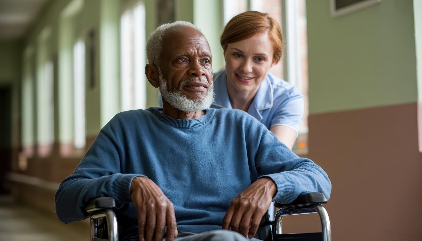 صورة لمبنى دار مسنين في حلوان محاط بحدائق خضراء، يظهر فيه كبار السن يستمتعون ببيئة آمنة ومريحة